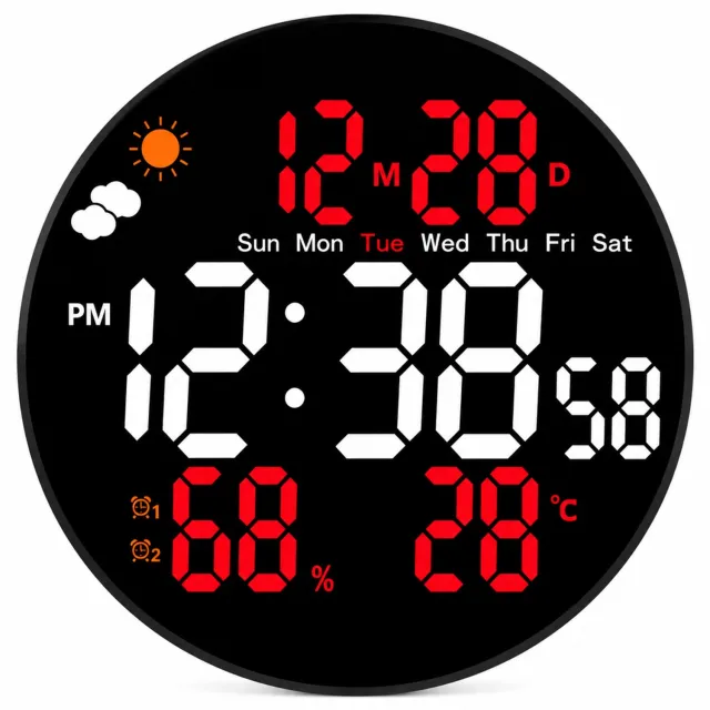 SWGOTA Digitale LED-wandklok, rode uitvoering, rond, met tijd, datum, weekdag, temperatuur en luchtvochtigheid, 29,8 mm dik Rood
