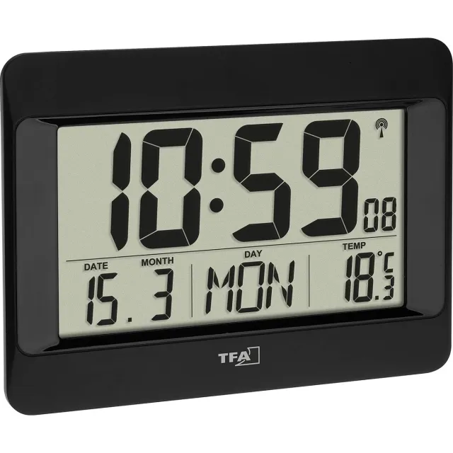 TFA Dostmann 60.4519.01 Wandklok Zendergestuurd 215 mm x 26 mm x 160 mm Zwart Groot display