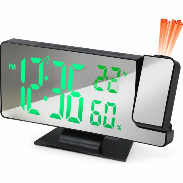 SWGOTA Digitale LED-projectieklok met groene cijfers, temperatuur- en luchtvochtigheidsweergave, spiegelend front en voet - Zwarte behuizing Smaragdgroen