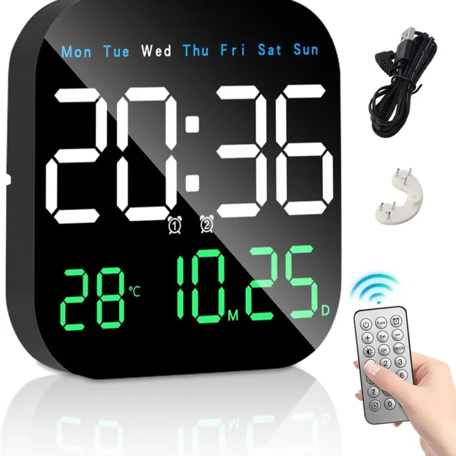Ruijingsky Digitale LED-wandklok - Multifunctionele klok - Elektronische LED-klok - Kan worden opgehangen of neergezet - Geeft temperatuur, datum en dag van de week weer - Inclusief afstandsbediening - Drie kleuren - 18,5*18,5*2,8 cm - Zwart