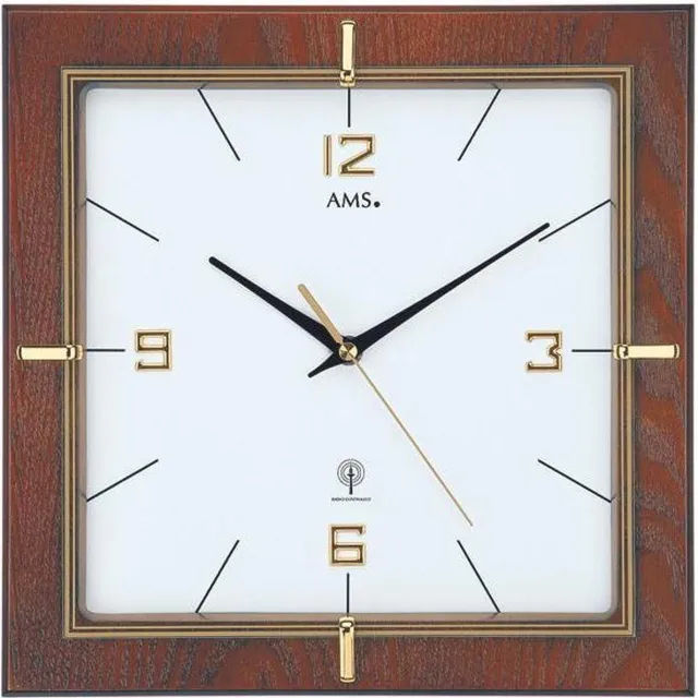 AMS W9434 – Wandklok, Quartz – Glas – Hout – Messing – 29x29x5 cm – Walnoot noten