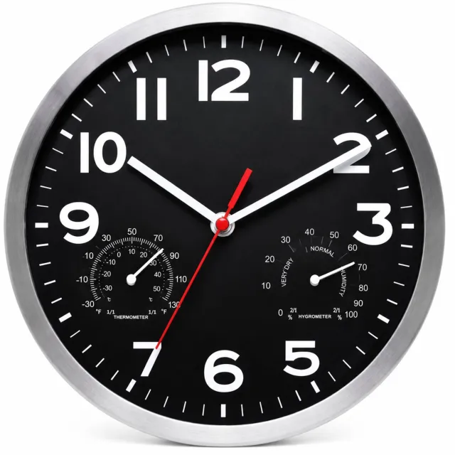 SWGOTA Wandklok 10 inch met thermometer en hygrometer - Zwarte wijzerplaat, grote cijfers en ronde metalen rand