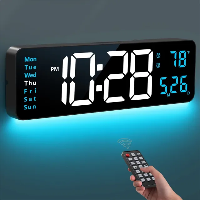 Ynkkvre 16-Inch LED Digitale Wandklok met Afstandsbediening | Grote 4.5" Cijfers, Datum & Temperatuur | 10-Niveaus Dimbare Helderheid | 12/24 Uurs Weergave | Voor Woonkamer, Kantoor & Klaslokaal Veelkleurig