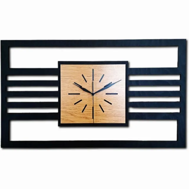 Ornament Handgemaakte Grote Houten Wandklok – Modern Minimalistisch Design,Houten Latten Rechthoekig, Horizontaal, Geruisloos, Zonder Tikkend Geluid – Voor Woonkamer, Slaapkamer, Keuken –Unieke Wanddecoratie,Industrieel Design & Stil Uurwerk, zwart-gouden eik