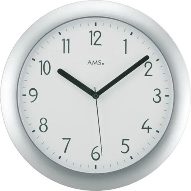 AMS F5843 - Wandklok - Rond - Radiogestuurde tijdsaanduiding - Kunststof - Ø28 cm - Zilverkleurig - Wit