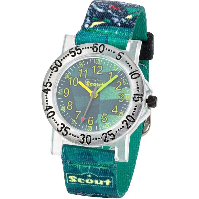 SCOUT Kinderuhr analog aus der Serie "IT-Collection" mit grünem Textilband Dino-Motiven und Quarzwerk