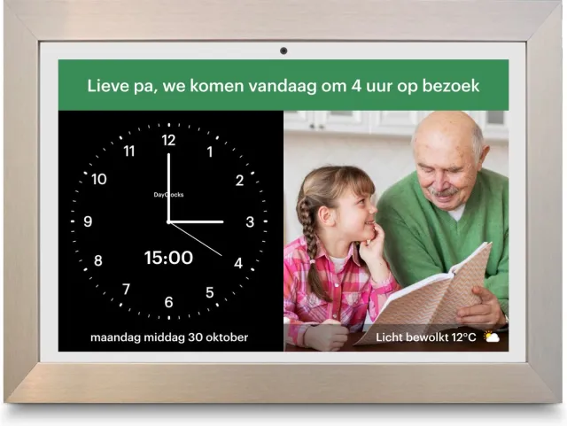 Dayclocks Vanaf 2026 vernieuwd: DayClock Generations10 Wit met Titaan Lijst; Dementieklok / Seniorenklok met verbeterd en onbeperkt beeldbellen, YouTube-video's, foto's, berichten en meer (met 3 maanden gratis abonnement)