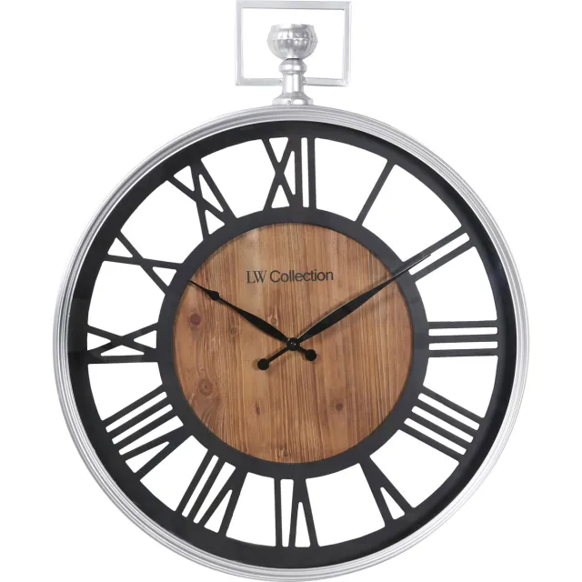 LW collection wandklok zilver en zwart hout met glasplaat 60cm - Grote glazen muurklok romeinse cijfers - Industriële Houten klok - Moderne wandklok stil uurwerk