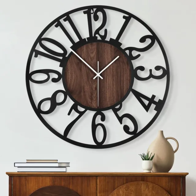 Unyqoos Stille ronde wandklok van hout en metaal voor diverse interieurstijlen, zwart, 34 cm