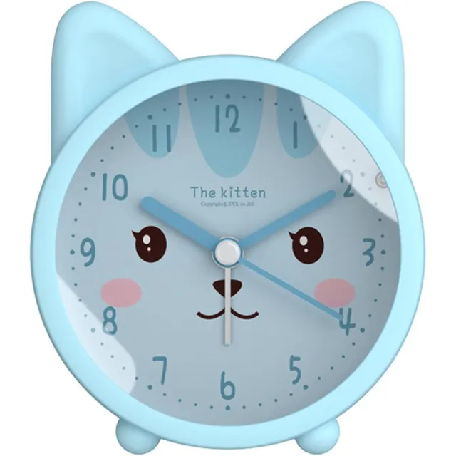 The kitten Wekker voor kinderen- cartoon kat wekker met nachtverlichting - niet-tikkende siliconen klok voor de slaapkamer van meisjes en jongens - werkt op batterijen (niet inbegrepen) - blauw