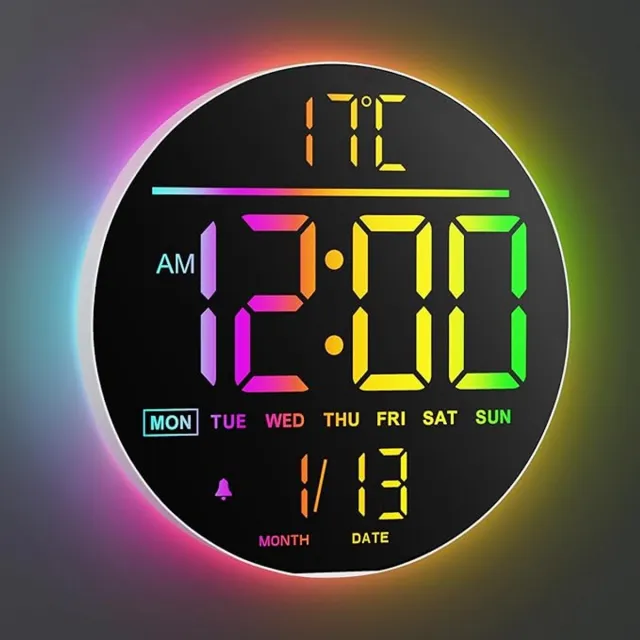 Thuys Digitale Wandklok 25 cm – LED Display – 11 Kleuren & Afstandsbediening – Automatische Helderheid – Temperatuur & Wekker – Modern Rond Ontwerp Zwart