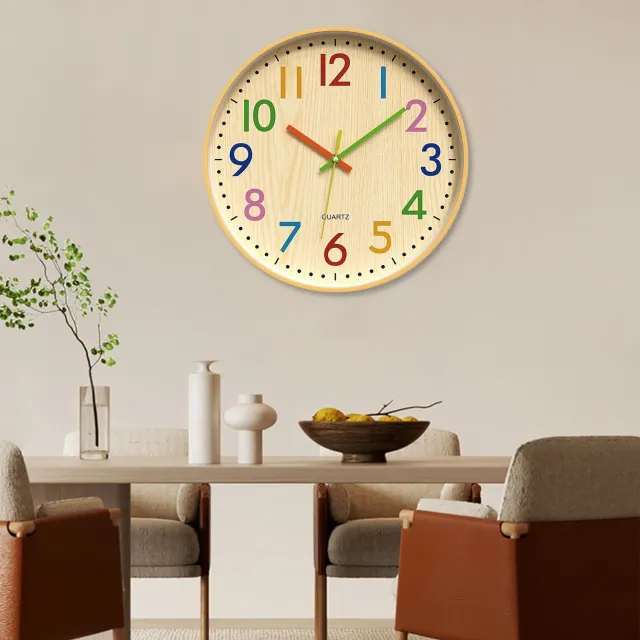 Bwecuy Bamboe Wandklok, Quartz Klok, Kleur Klok, Geschikt Voor Kinder Horloge Onderwijs, Slaapkamer Woonkamer Kinderklok Meerdere kleuren