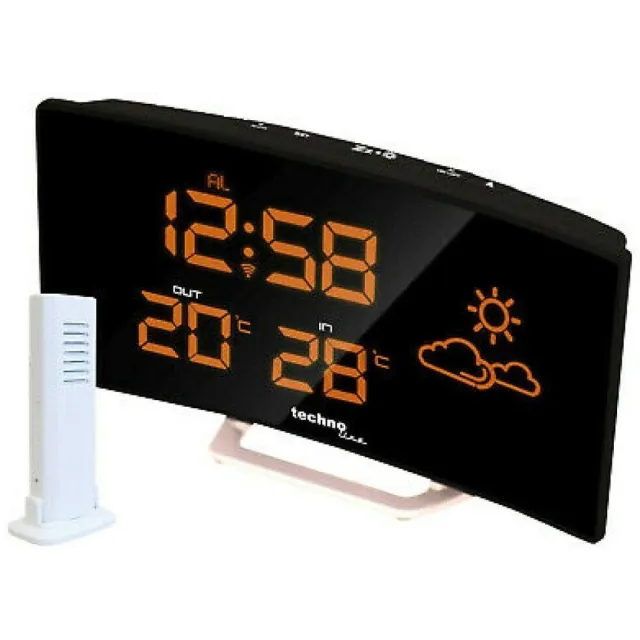 Technoline WS6832-Curved (gebogen) KLOK / WEKKER met THERMOMETER en WEERSTATION zwart