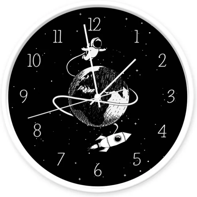 Dutch Sprinkles Kinder klok Space - Dutch Sprinkles - 30 cm - zwart witte ruimte klok - astronaut - wandklok + cijfers contrast, wit frame, geluidloos, klok met glasplaat