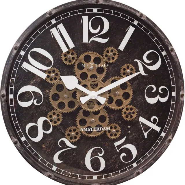 NeXtime Henry – Wandklok – 50 cm – Metaal – Zwart – Bewegende tandwielen