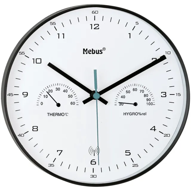 Mebus Wandklok Tijdsein gestuurd met thermometer/ hygrometer, zwart Leer