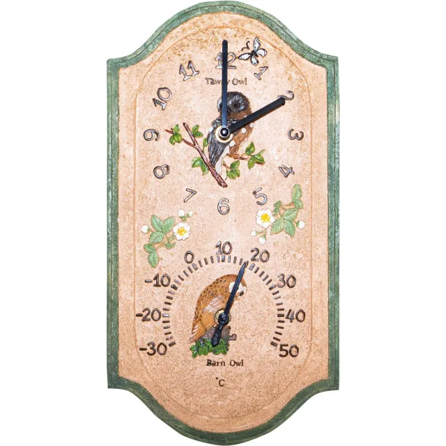 St. Helens Home & Garden Uil Design Wandklok – Inclusief Thermometer – Weerbestendig Polyresin – 38 × 20 × 4,7 cm Beige