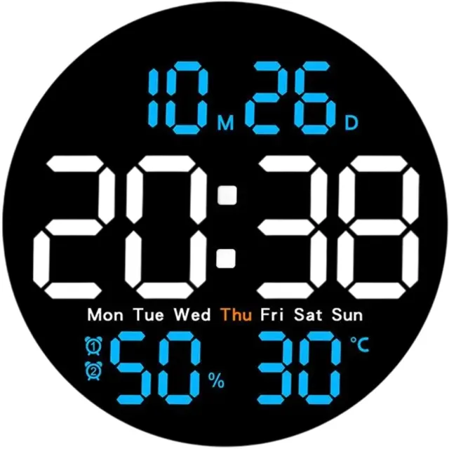 longziming LED Digitale Wandklok – 25 cm Rond– Innovatief– Praktisch– Helder Verlicht– Automatische Helderheid–Geheugenfunctie–Blauw