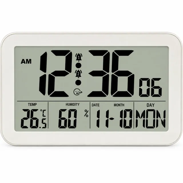 SWGOTA wekker met digitaal LCD-display - Temperatuur, luchtvochtigheid en kalender - Witte wandklok zonder achtergrondverlichting - Batterijvoeding - 20,2 x 12,4 x 2,6 cm