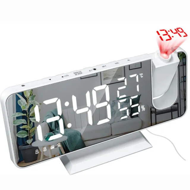 MODFU LED Wekker met FM Radio, Projectie, Twee Alarmen, Temperatuur & Luchtvochtigheid – 18x10x6 cm voor Slaapkamer of Bureau – Wit Zwart-witlettertype