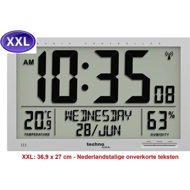 Technoline JUMBO-klok - 27 x 36,9 cm - radio-controlled - weergave binnen-temperatuur en -luchtvochtigheid - 8013 zilver