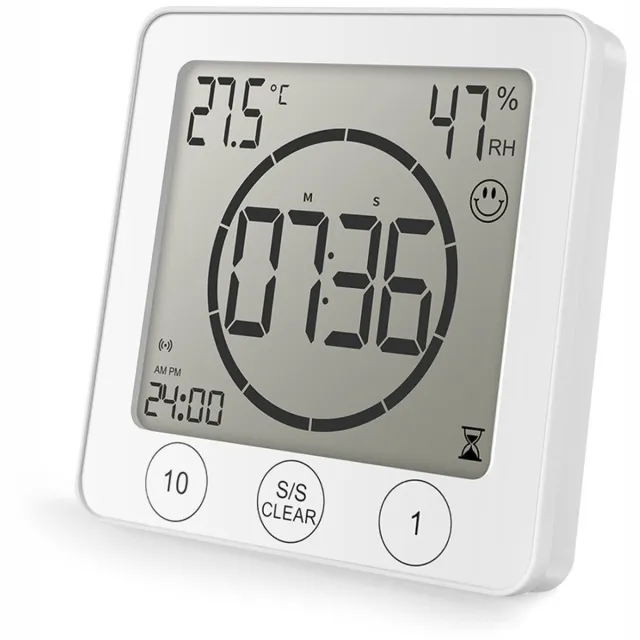 QTTVBTNA 1 Stuk Digitale Badkamerklok - Waterdicht LCD Display met Zuignap - Toont Temperatuur & Luchtvochtigheid - Met Douche Timer voor Badkamer en Keuken - Makkelijk Plaatsen - Witte