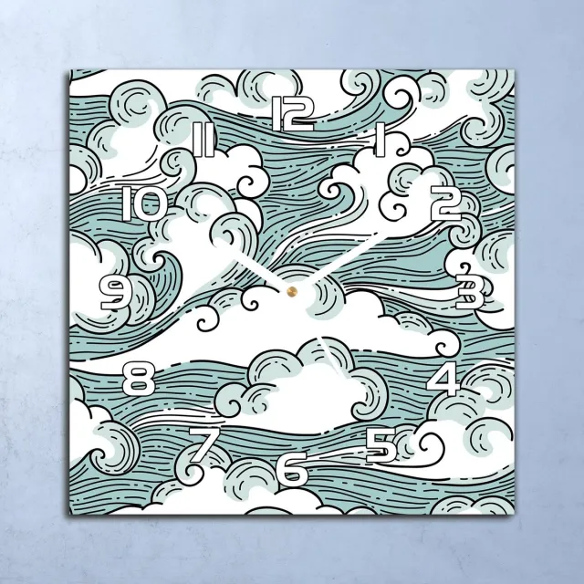 Coloray Wandklok - Winderige golven Klok Glas - 30x30 cm - Lichtblauw Wandklok - Wandklok Vierkant - Wandklok Scandinavisch - Wandklokken Woonkamer - Stille Wandklok lichtblauw - winderige golven - witte handen