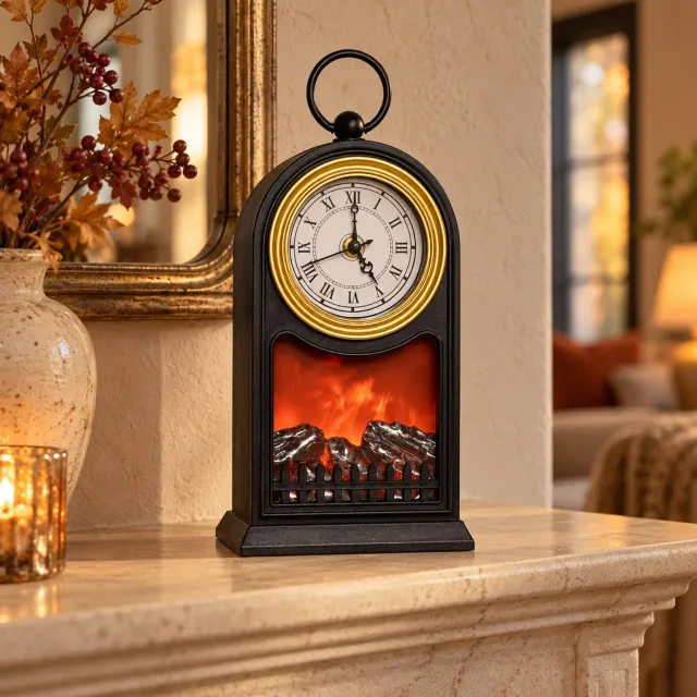 Anna's Collection Anna’s Collection LED Haard met Klok – Zwart/Goud – 27 cm – Met Vlameffect en Timer
