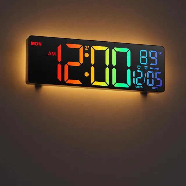 ‎HAITANG HAITANG 11'' Grote digitale wandklok voor de woonkamer, afstandsbediening, dubbele wekker, 8 RGB-kleuren, groot LED-scherm, automatische helderheid, datum, automatische zomertijd, temperatuur