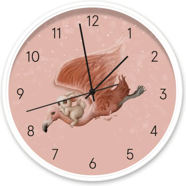 Dutch Sprinkles Klok Magical Flamingo roze 30 centimeter Dutch Sprinkles - ø30cm kinderklok met magische flamingo - wit frame zwarte wijzers - kinderkamer accessoire - meisjes klok - geluidloze wandklok tikt niet - flamingo en konijn