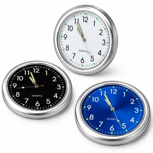 VHV Ronde vorm lichtgevende dashboard - 3 stuks - Zwart, wit, blauw - Auto dashboard klok - Mini autoklok - Kleine analoge klok - in de keuken