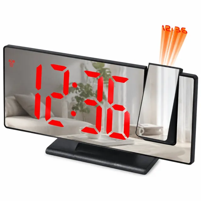 SWGOTA Digitale LED-projectiewekker met rode cijfers, spiegelend front, automatische lichtdetectie en USB-voeding - zwart, met voet