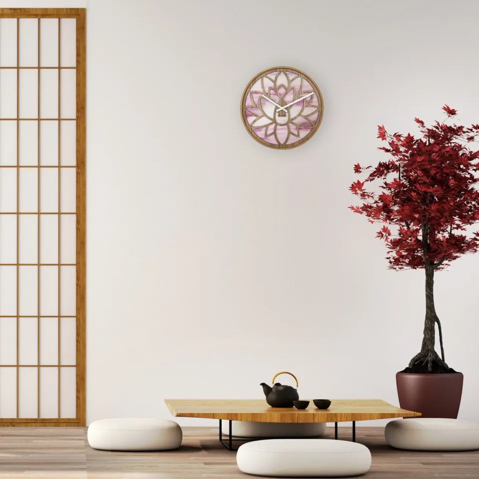 Nextime Wandklok 40 cm - Geruisloos - Roze - Hout - "Lotus", foto 5