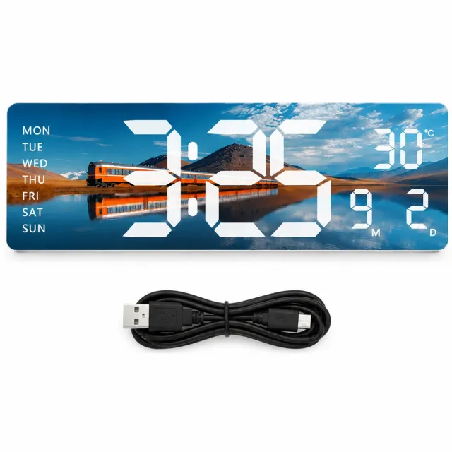SWGOTA Digitale LED-wandklok 38,8 x 12,3 cm - Tijd, temperatuur en kalender - Landschap met trein Zwart