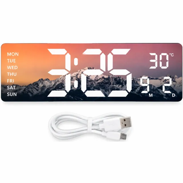 SWGOTA Digitale LED-wandklok 38,8 x 12,3 cm met berglandschap, temperatuur, weekdag- en datumweergave Multicolor