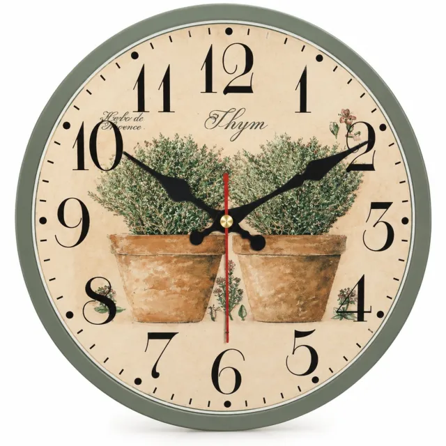 SWGOTA Ronde MDF-wandklok 14 inch met stil uurwerk, grote cijfers, kruidenprint en groene rand Beige