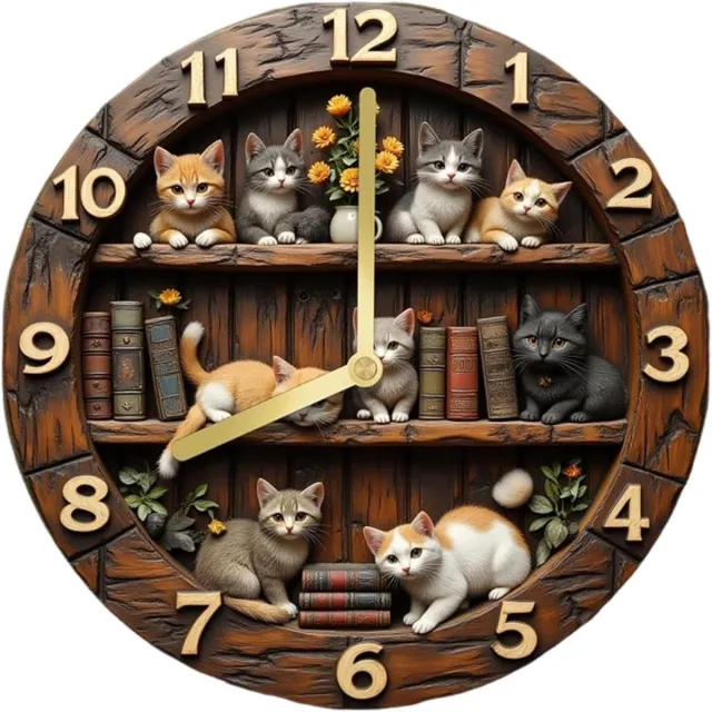 SNQ Wandklok - Vintage kattenwandklok - 30 cm - Rond - Houten wandklok - Geschikt voor boekenplanken of muren - Stil ontwerp - Geen tikgeluid - Decoratieve wandklok met kattenthema - Past in woonkamers, slaapkamers of landelijke interieurs Bruin