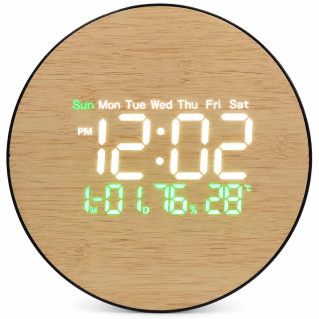 SWGOTA Ronde digitale LED-wandklok met bamboepatroon en zwarte rand, tijd, datum, weekdag, temperatuur en luchtvochtigheid, in bedrukte doos