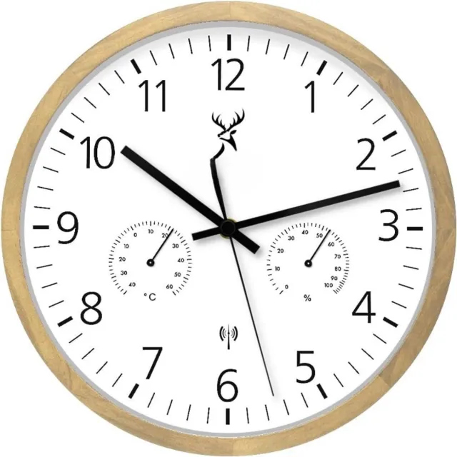 Thuys Draadloze Wandklok – Temperatuurweergave – Hygrometer – Luchtvochtigheidsmeter – Natuurlijke Houtlook