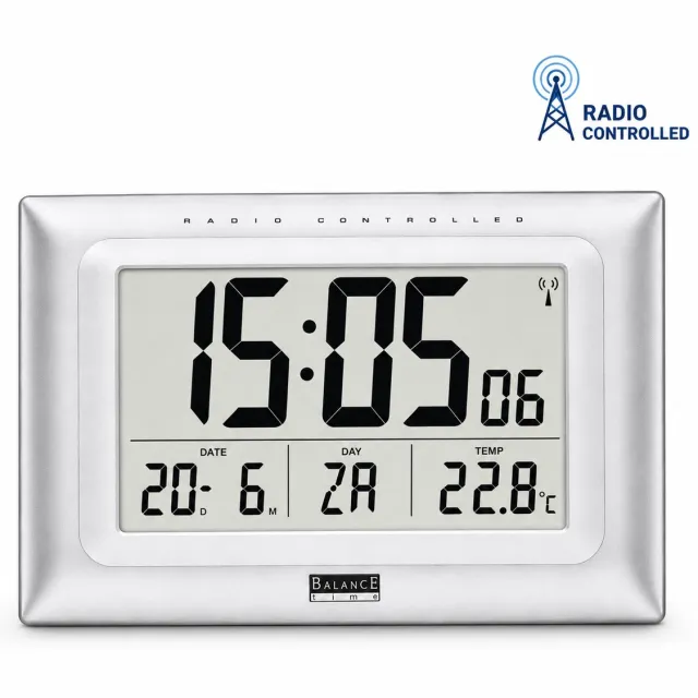 Balance Wandklok – Zendergestuurde LCD Tafelklok – 26 x 16,5 cm – Met Datum, Dag, Temperatuur, Alarm en Snooze – Zilvergrijs