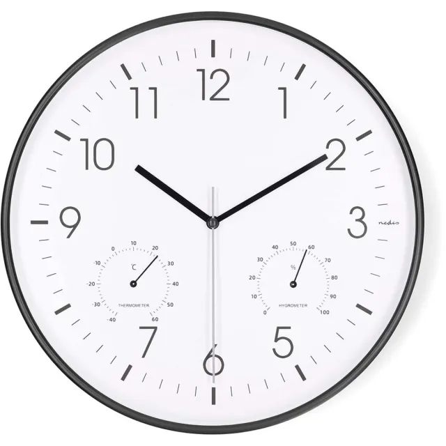 Nedis Wandklok - Diameter: 300 mm - Kunststof - Stille beweging - Thermometer (temperatuur) - Hygrometer - Wit / Zwart Wit - Zwart