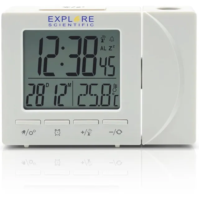 Bresser Explore Scientific RDP1001 radio gestuurde digitale projectiewekker | Groot display | Dag - Datum aanduiding | Thermometer | Wit