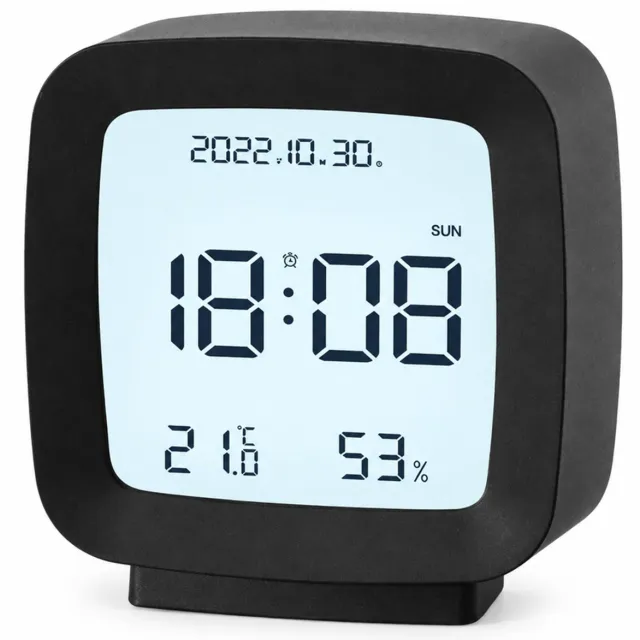 SWGOTA Zwarte digitale wekker met LCD, datum, weekdag, temperatuur en luchtvochtigheid - 7,8 x 4 x 8,3 cm - voor nachtkastje of bureau