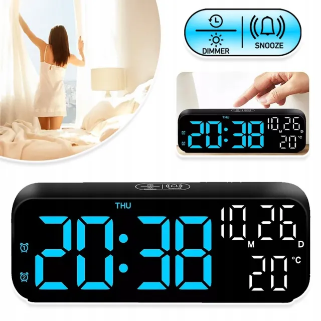 CHOOLY Digitale Klok Met Groot LED-Display - Kalender Temperatuur Stembediening Snooze - Dubbel Alarm Automatische/Handmatige Dimmer 7 Inch USB-Voeding - Zwart