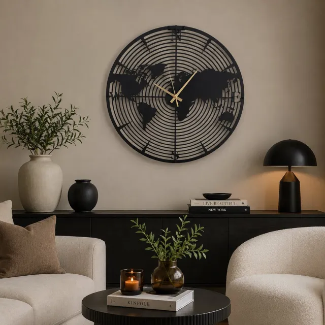 WallArtStore Wandklok Metaal-Wandklok Wereldkaart-Wandklok Modern-Stil Uurwerk-Staal zwart