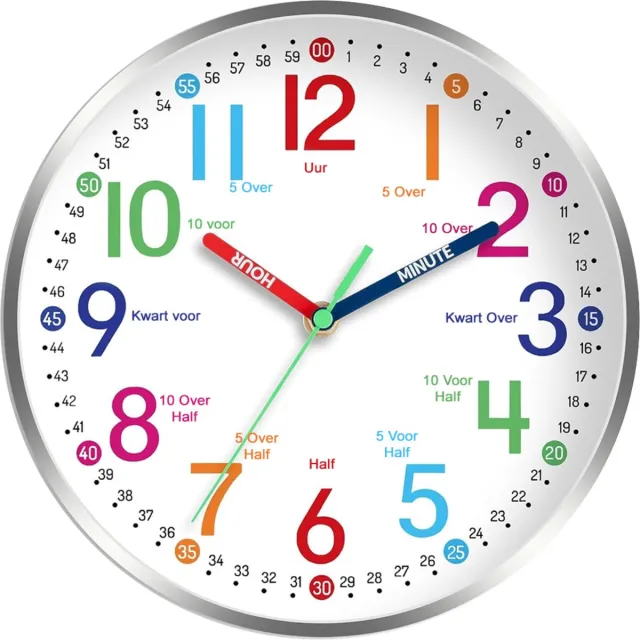 TYME Kinderklok - Klok Kinderen Modern - Goed leesbaar - Wandklok - Stille 30cm Klok - Analoog - Uurwerk - Muurklok - Quartz - Zilver Wit