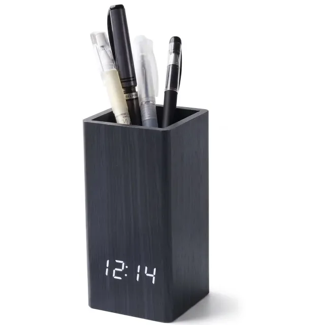 TIN-IN Digitale klok - Bureauklok - Wooden look - Zwart + Witte cijfers - Pennenbakje