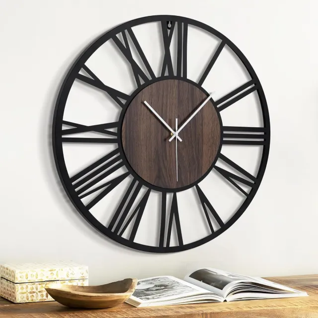 Famanu Grote houten metalen wandklok (donker hout, Roman-20IN) Bruin