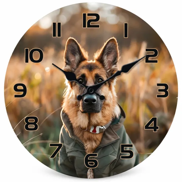 SWGOTA Stille ronde MDF-wandklok met hondenmotief, diameter 29,7 cm (12 inch), cijfers en decoratieve wijzers Bruin
