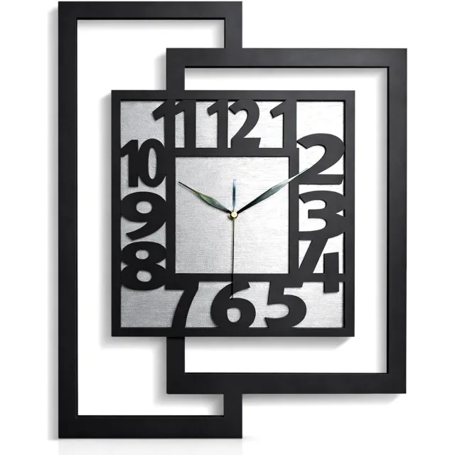 Ornament Handgemaakte Grote Houten Wandklok – Modern Minimalistisch Design,Rechthoekig Verticaal,Leesbare cijfers, Geruisloos, Zonder Tikkend Geluid – Voor Woonkamer, Slaapkamer, Keuken – Unieke Wanddecoratie, Industrieel Design & Stil Uurwerk: zwart - zilver